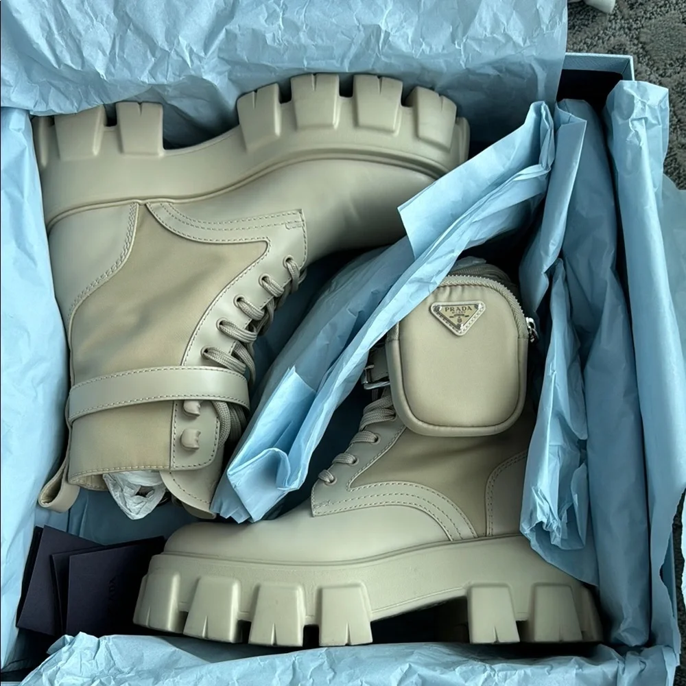 Prada Beige Monolith Combat Boots Leather & Re-Nylon With Pouch | Size 36 - Picture 10 of 10